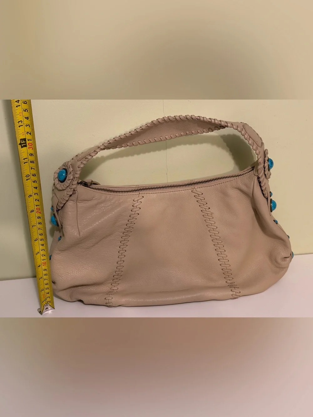 Franco Sarto Leather Hobo Shoulder Bag Beige Faux Turquoise Bead Accents REFURB